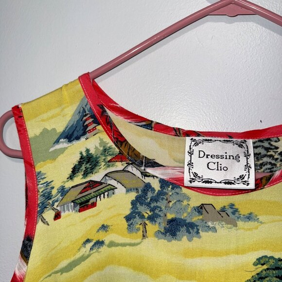 Vintage Clio Dressing Sleeveless Rayon Maxi Dress With Scenic Print Yellow/Blue/ - Picture 4 of 6